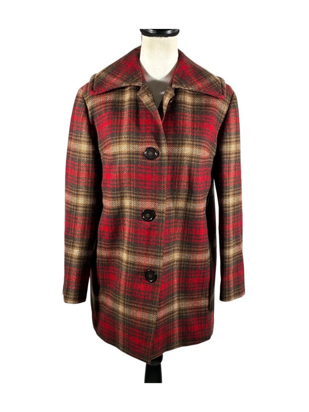 Vintage Pendleton 100% Wool Plaid Coat Red Brown Button-Up preppy old money